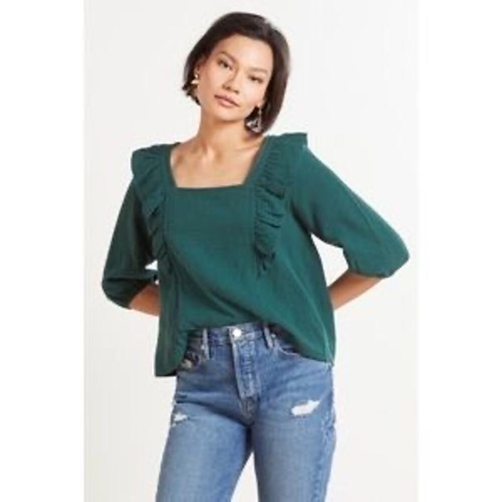 EVEREVE Francine Ruffle Gauze Square Neck Top | Forest Green | Size M